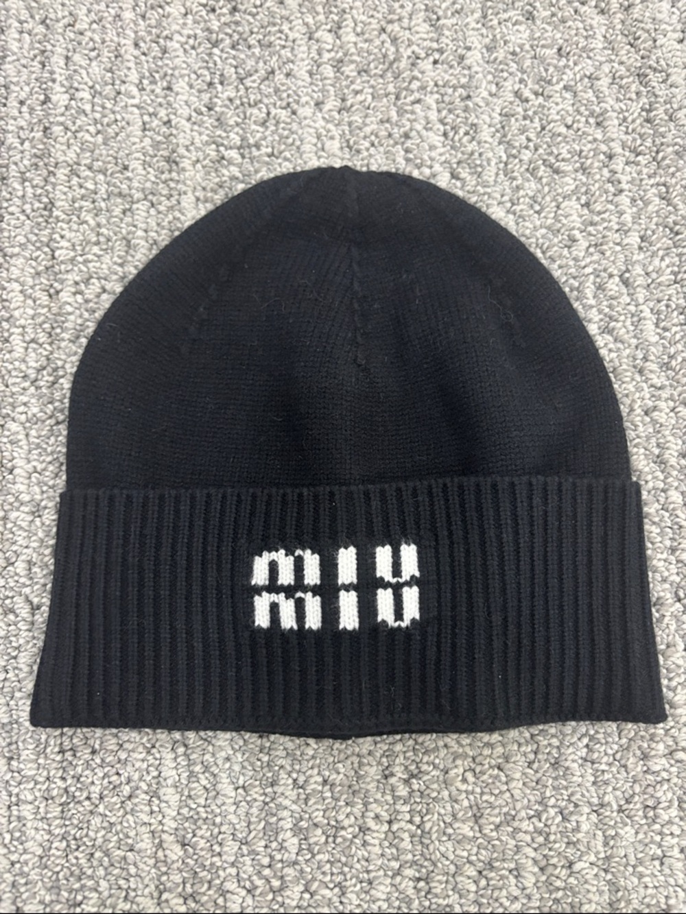 Miu Miu Black Knit Beanie with White Logo